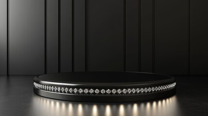 3d Mock up Glossy black podium with diamond accents and luxury branding. Pedestal stage for jewelry presentation. Glamorous scene for advertising. Sale promotion background.