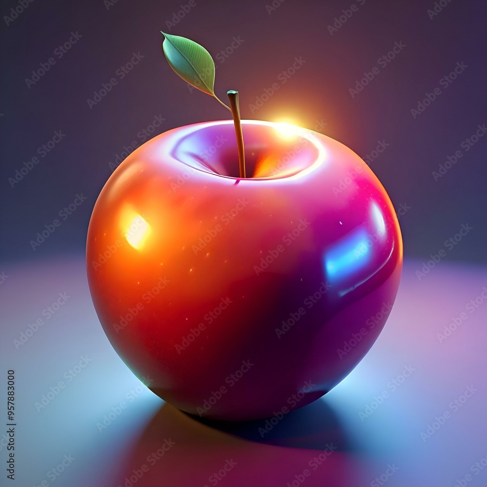 Fototapete a vibrant. glossy 3d rendering of a red apple. illuminated by a colorful gradient light. perfect for