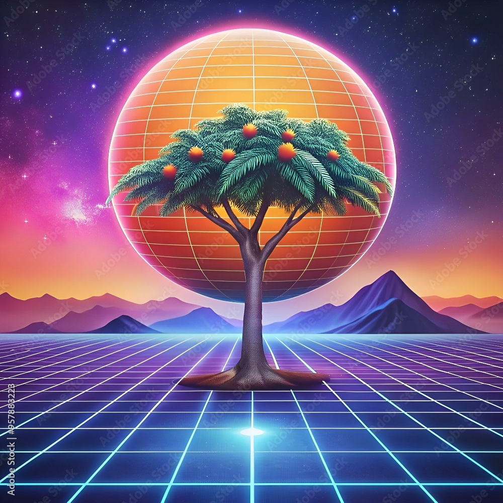 Poster a vibrant 3d illustration of a mammea tree. rendered in a retro 80s style with a glowing globe and g