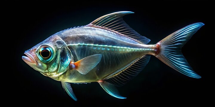 a photo image of a hatchetfish swimming in calm, clear water, its bioluminescent belly glowing in the darkness.