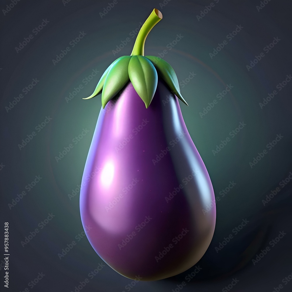 Poster a vibrant and glossy eggplant. rendered in 3d. stands out against a dark backdrop. ready to add a to