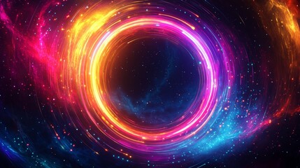 A vibrant, swirling cosmic design featuring a circular pattern of colorful light and stars, resembling a galactic phenomenon or visual representation of space