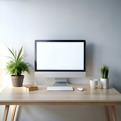 Modern minimalist workspace with a blank computer screen. perfect for showcasing your design projects. website mockups. or presentations.