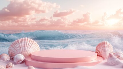 3d Mock up Coral pink podium with seashell accents and ocean waves. Pedestal stage for beachwear product presentation. Coastal scene for advertising. Sale promotion background.
