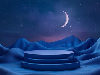 3d Mock up Midnight blue podium with moonlight and starry night sky. Pedestal stage for nighttime product presentation. Celestial scene for advertising. Sale promotion background.