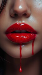 Obraz premium A gorgeous model girl's mouth is covered in red liquid and paint that is leaking from her lips. lipstick