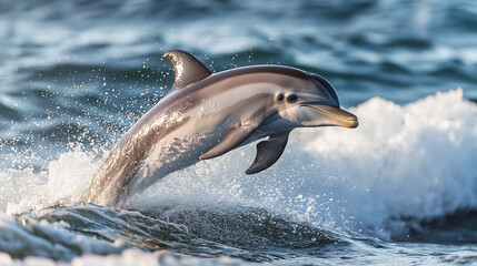 Fototapeta premium A playful dolphin leaping out of the ocean waves, with sparkling water droplets in the air
