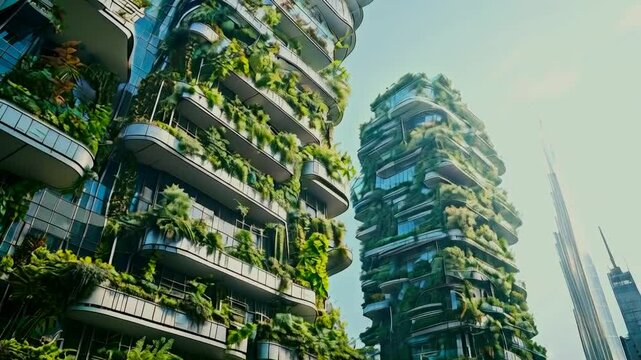 Ecological architecture of the modern skyscraper with a focus on green spaces, vertical gardens on the building walls and parks, showcasing urban greenery and sustainable architecture.