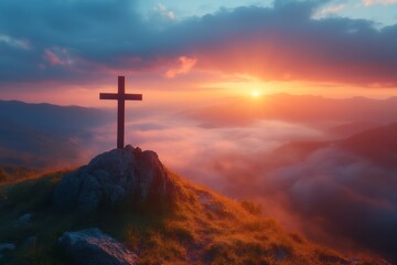A serene landscape featuring a cross atop a rocky hill, illuminated by a vibrant sunset and surrounded by misty mountains, evoking a sense of peace and spirituality