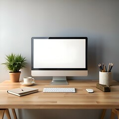 A minimalist workspace with a blank computer screen. keyboard. and mouse. ready for your design or text overlay.