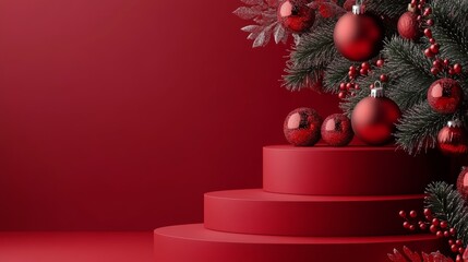 3d Mock up Bright red podium with festive ornaments and holiday cheer. Pedestal stage for seasonal product presentation. Joyful scene for advertising. Sale promotion background.