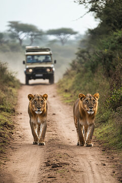 Fototapeta Lions on a safari pathway, two lions strolling down a dusty trail with a safari jeep observing nearby in Kenya