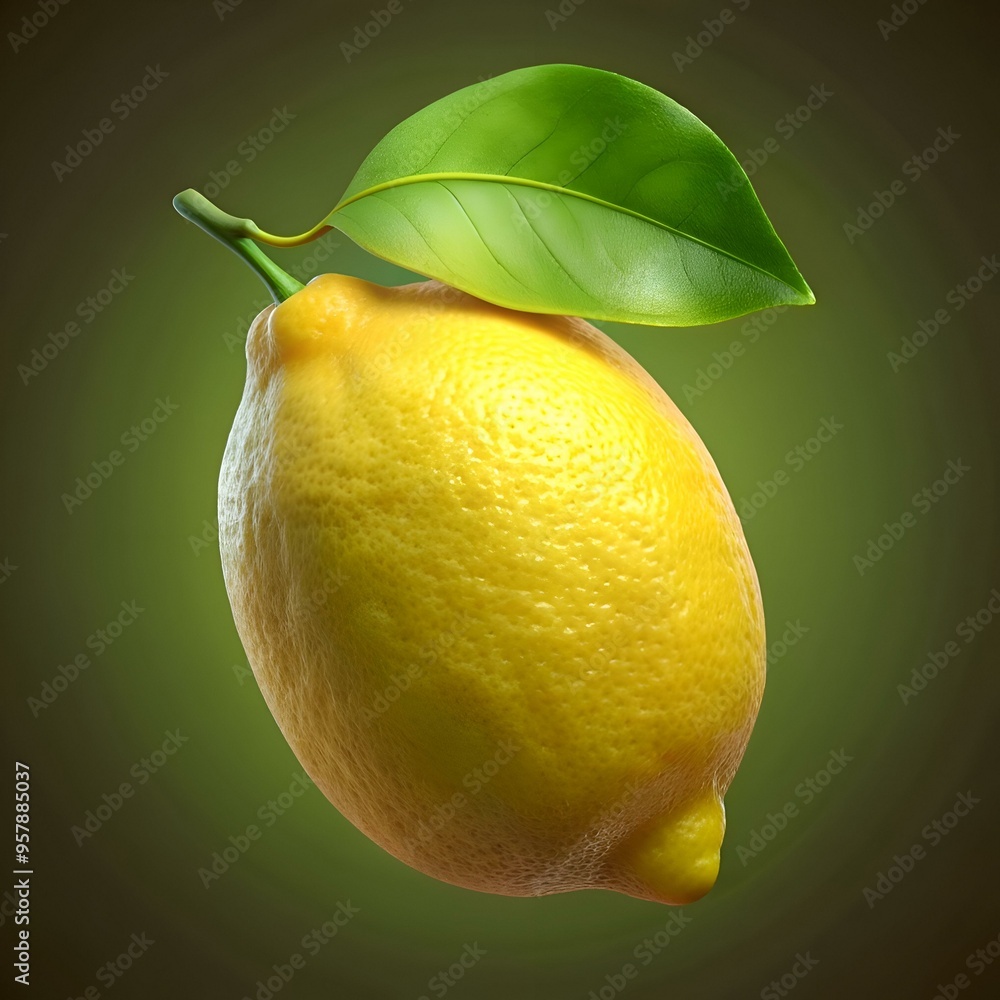 Poster a photorealistic 3d illustration of a single lemon with a green leaf. perfect for adding a touch of 