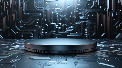 3d Mock up Metallic silver podium with circuit board pattern and holographic effects. Pedestal stage for electronic product presentation. High-tech scene for advertising. Sale promotion background.