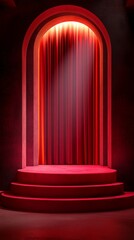 3d Mock up Velvet red podium with theater curtains and spotlight. Pedestal stage for luxury fashion presentation. Dramatic scene for advertising. Sale promotion background.