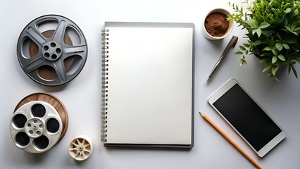 A clean and modern mockup featuring a blank notebook. film reels. a smartphone. and writing tools.