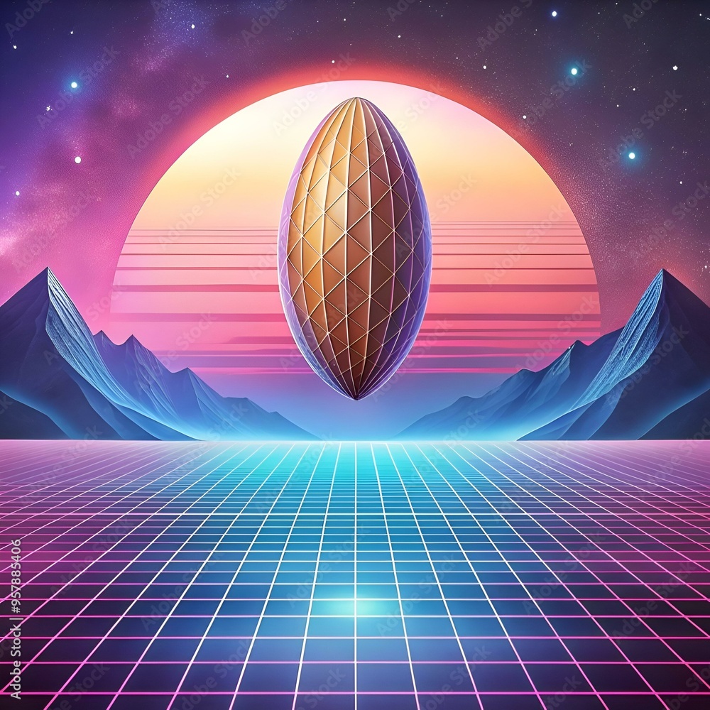 Poster a futuristic. 3d rendered scene with a geometric object hovering over a retro. 80s inspired landscap