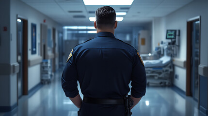Back view of a uniformed officer standing alert in a hospital corridor. Dark blue official uniform. Generative AI illustration 