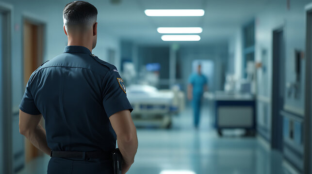 Back view of a uniformed officer standing alert in a hospital corridor. Dark blue official uniform. Generative AI illustration 