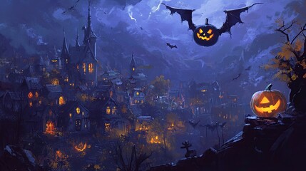 illustration of the Halloween spirit flying over a small town, spreading light and shadows in the night