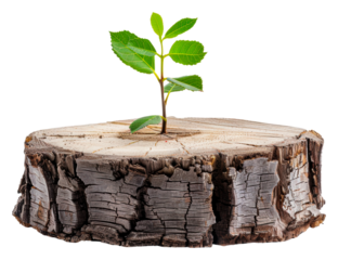 A small green plant is sprouting from a wooden tree stump isolated on transparent background