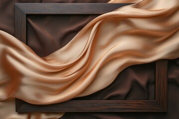 A wooden frame sits against a backdrop of elegant silk fabric, featuring a combination of rich brown and soft beige colors, creating a harmonious and luxurious visual appearance