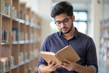 An Indian student reading or researching in a campus library.
