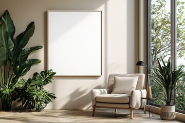 Poster Frame in Beige minimalist living room interior created with generative AI