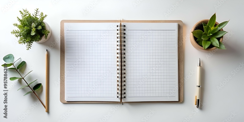 Poster clean and minimalist mockup of an open notebook with a pencil. pen and two potted plants.