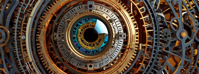 A vibrant 3D illustration of a human eye with intricate clockwork mechanisms instead of a pupil, symbolizing the concept of time perception and the intricate nature of human experience.

