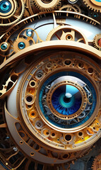 Fototapeta premium A vibrant 3D illustration of a human eye with intricate clockwork mechanisms instead of a pupil, symbolizing the concept of time perception and the intricate nature of human experience.