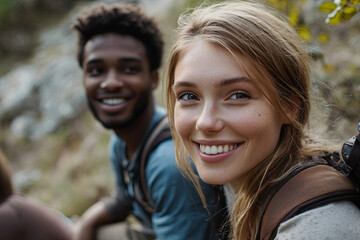 Fototapeta premium Multiracial friends hiking and exploring nature