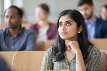 Obraz premium An Indian female student seated in a lecture hall, attentively listening. 