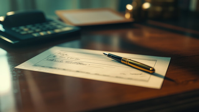 Close-up View of Blank Check on Polished Wooden Desk for Business and Finance Concepts