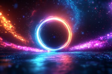 Obraz premium A vibrant, cosmic scene featuring a glowing circular portal surrounded by colorful waves of light against a dark, starry background