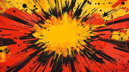 A vibrant explosion of colors radiating from the center, showcasing dynamic bursts of red, yellow, and black, creating a visually striking and energetic effect