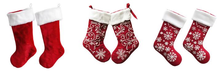 set of a pair of red and white Christmas stockings isolated on a transparent background