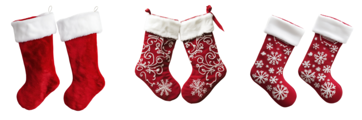 set of a pair of red and white Christmas stockings isolated on a transparent background