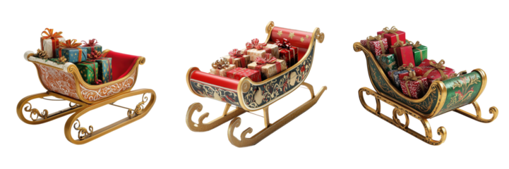 set of a miniature Christmas sleigh filled with gift isolated on a transparent background