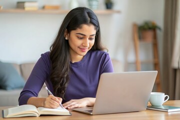An Indian female student with books and a laptop, working on assignments.
