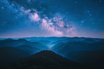 Stunning view of the Milky Way illuminating serene mountains under a starry night sky, perfect for nature and astronomy lovers.