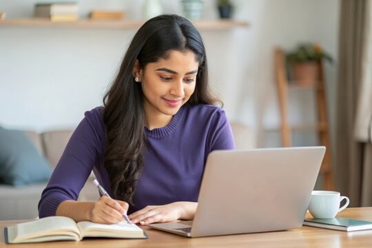 An Indian female student with books and a laptop, working on assignments.
