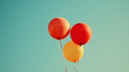 Vibrant balloons in bright colors floating against a clear blue sky, perfect for celebrations or joyful moments.