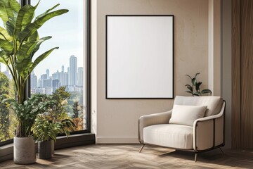 Poster Frame in Beige minimalist living room interior created with generative AI