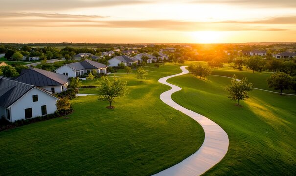 sustainable suburban neighborhood with winding path at sunset - eco-friendly homes and green landscape design.