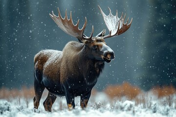Large bull moose standing in snowfall with antlers covered in snow