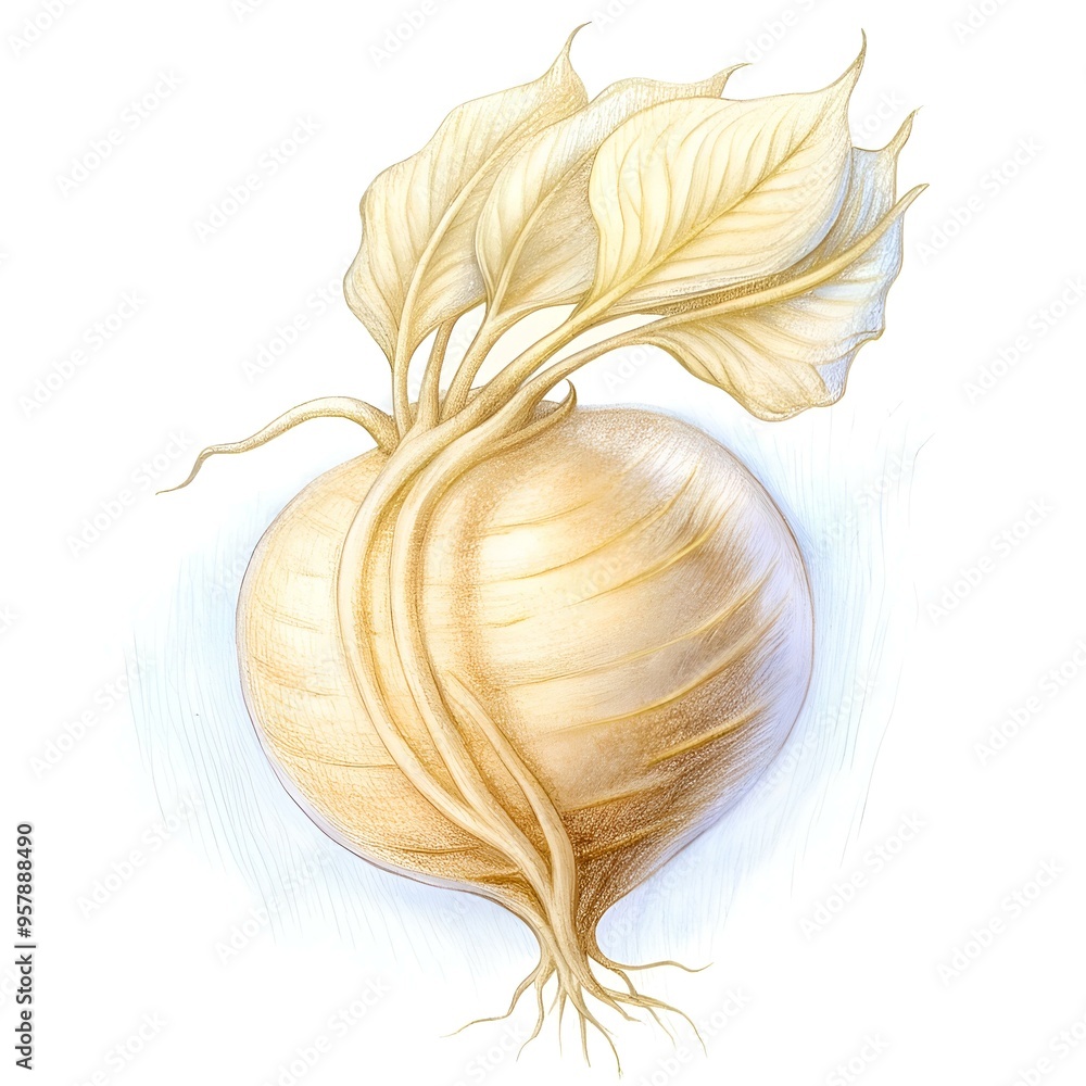 Poster a whimsical 3d illustration of a maca root with delicate leaves. perfect for adding a touch of botan