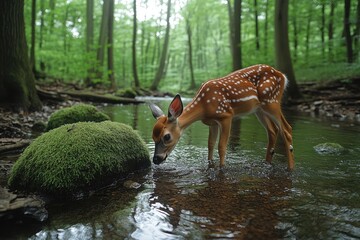 Young deer drinking from lake in autumn forest