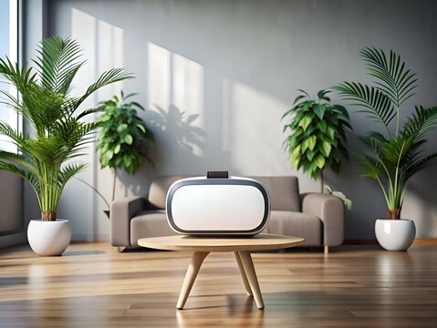 A sleek VR headset sits on a coffee table in a modern living room.