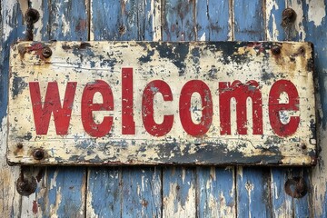 Vintage 'Welcome' sign on aged, weathered wood background